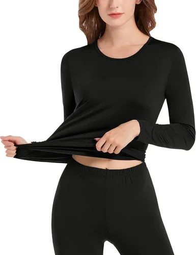 Vista 3 de Conjunto de ropa interior térmica para mujer, capa base con forro polar de poliéster suave, parte superior e inferior, Negro