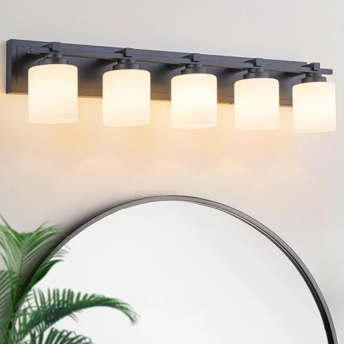 Vista 24 de 1 Luminaria Moderna de Baño sobre Espejo, Luces de Tocador Negro Dorado para Apliques de Pared de Baño con Pantallas de Vidrio Blanco Lechoso