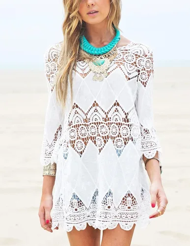Vista 2 de Vestido de playa, tipo túnica, tejido al crochet, cubre la bikini, M, Blanco