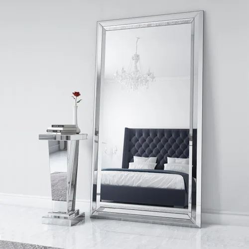 Vista 7 de Howard Elliott Collection Mesa de pedestal con espejo cónico, elegante y moderno estilo lateral de cama, diseño de acabado de espejo