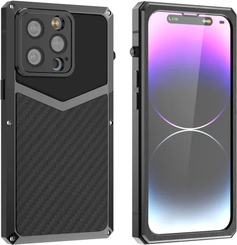 Vista 11 de HUALIMEI Funda de lujo para iPhone 13 Pro 6.1, funda de teléfono de fibra de carbono, armadura protectora militar con protector de pantalla