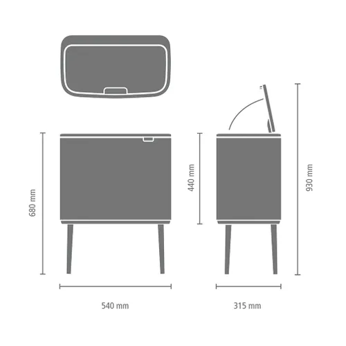 Vista 7 de Brabantia Bo Touch Top - Bote de basura de cocina con tres compartimentos y patas elevadas, acero mate FPP Cubos interiores de 3 x 3 galones