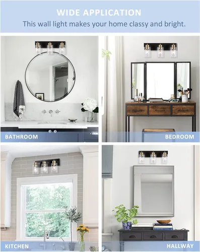 Vista 8 de Luz de tocador negra y dorada de 3 luces para baño y cocina, 22 Negro y Dorado