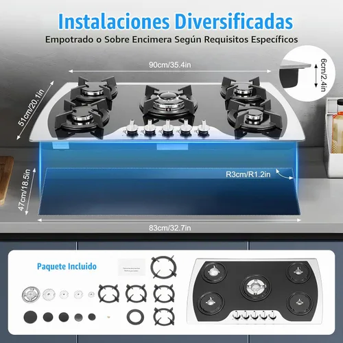 Vista 2 de Placa de cocina de gas NG de 36 pulgadas con 5 quemadores, convertible a GN/LPG, estufa de gas integrada con protección de termopar
