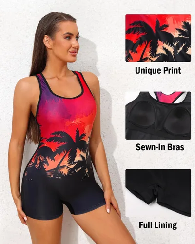Vista 54 de beautyin - Traje de baño para mujer, traje de baño aeróbico y de competición de una pieza, estilo pantalón corto
