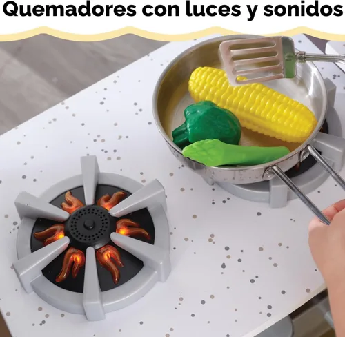 Vista 8 de KidKraft Ultimate - Cocina de esquina de madera con luces y sonidos, teléfono de juego y cortinas, Espresso, regalo para niños de 3 años en adelante