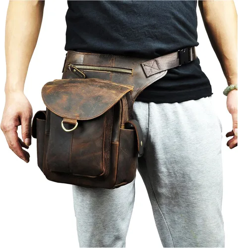 Vista 3 de Leaokuu Bolso bandolera de cuero para hombre para motocicleta táctica riñonera riñonera bolsa de pierna caída