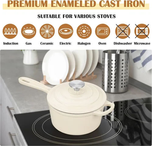 Vista 5 de E-far Sartén de hierro fundido esmaltado con tapa, cacerola de horno holandés de 1 cuarto de galón, mini olla para cocinar, hervir, saludable