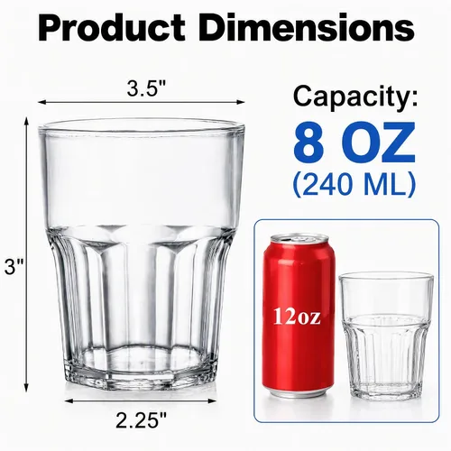 Vista 2 de Tebery Paquete de 8 vasos de plástico transparente, 8 onzas sin BPA, reutilizable, para agua potable, pequeño, apilable, irrompible