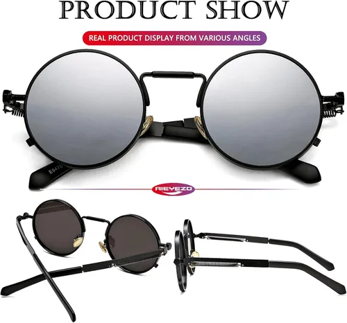Vista 6 de AIEYEZO Gafas de sol redondas Steampunk con montura de metal gótico, 100% bloqueo UV