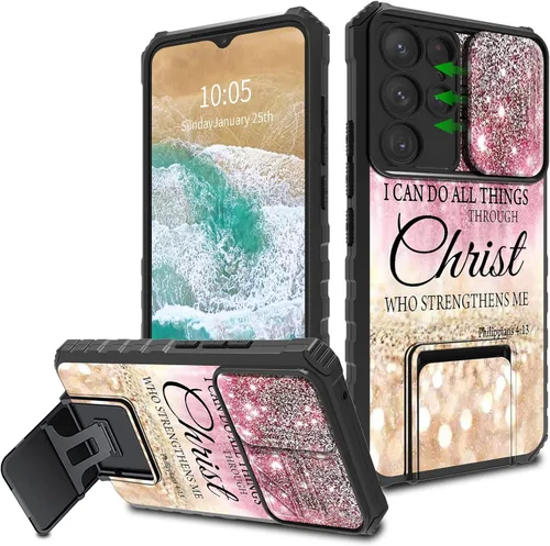 Vista 12 de FUYOCWE Funda para Samsung Galaxy S22 Ultra con cubierta para cámara deslizante, resistente Defender Kickstand Protector de lente de cámara Funda