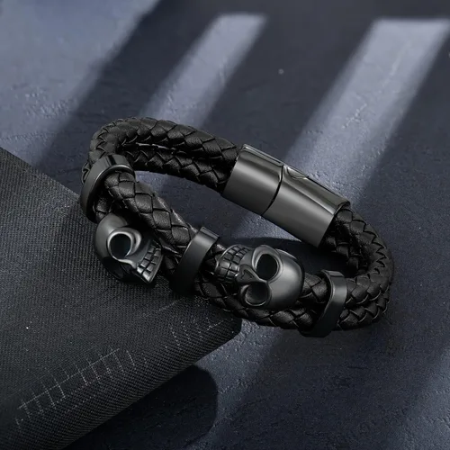 Vista 5 de Pulsera de Cuero de Doble Fila con Calavera para Hombre, Pulsera Trenzada con Calavera Negra o Plateada para Hombre, Joyería Punk Masculina