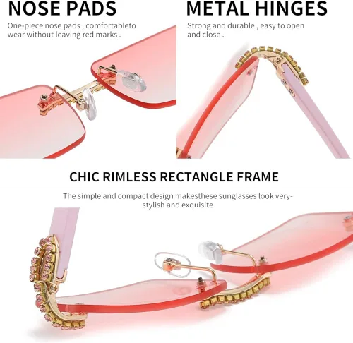 Vista 2 de KAMMPT Gafas de sol vintage sin montura para mujeres y hombres, lentes rectangulares de metal dorado con diamantes sin marco