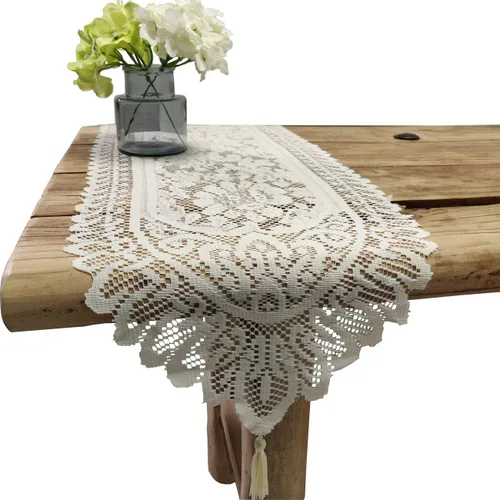 Vista 8 de Tinsow Paquete de 2 tapetes rectangulares de algodón con encaje de ganchillo (beige sin borlas)