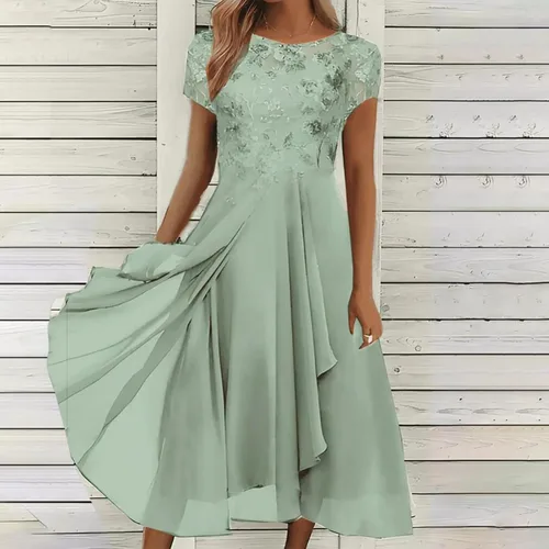 Vista 2 de XUNRYAN Vestidos midi maduros para mujer pequeña, con encaje floral, de cintura alta, con vuelo, de malla, vestido de gasa, fiesta de noche