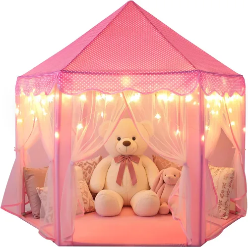 Vista 14 de Sumbababy - Tienda de campaña de castillo de princesa para niñas, de juego, hexagonal, azul, con luces de estrella de hadas, juguetes para niños