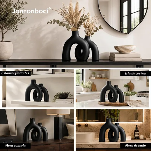 Vista 7 de Juego de jarrones negros mate – Jarrones estéticos de cerámica Hug Hollow Donut para decoración del hogar, moderno jarrón decorativo nórdico
