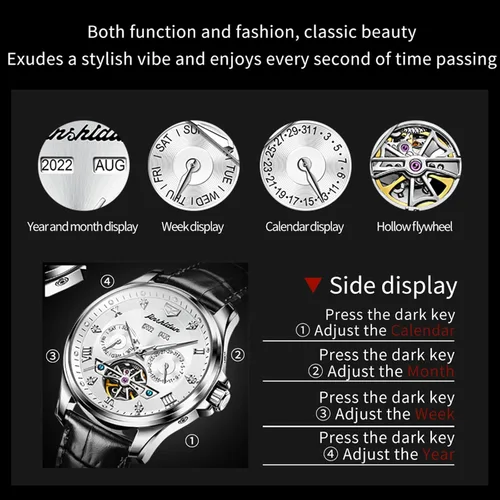 Vista 4 de OLEVS Relojes automáticos de cuero para hombre, esqueleto mecánico, Tourbillon, bisel de acero, reloj de pulsera para hombre, sin batería, correa
