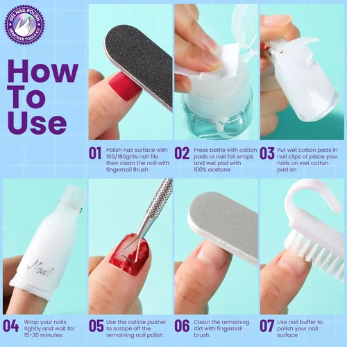 Vista 8 de Kit de herramientas para quitar esmalte de uñas de gel con clips de uñas de plástico, botella removedor de esmalte de uñas de 3.4 fl oz, toallitas
