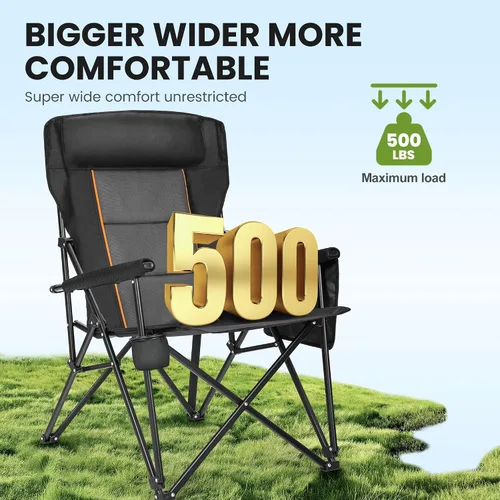 Vista 4 de HIGH POINT SPORTS Sillas de campamento plegables de gran tamaño para adultos, respaldo alto, sillas de césped resistentes que soportan 500 libras