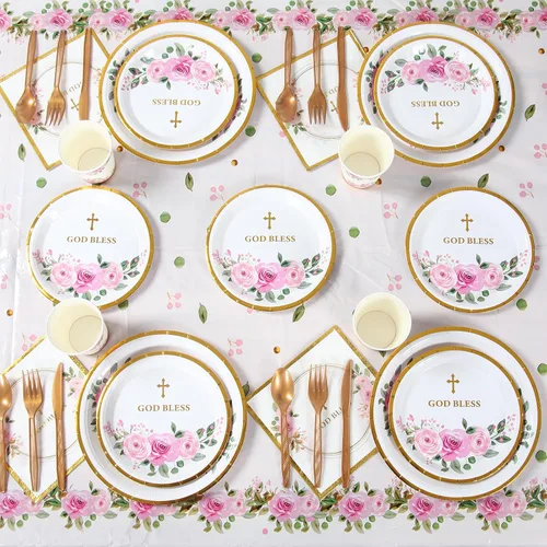 Vista 4 de Platos de fiesta religiosa para 24 invitados – bautismo, primera comunión, confirmación (rosa2)
