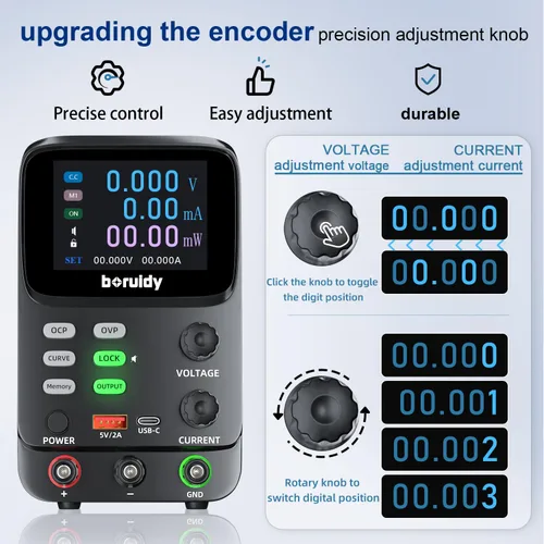 Vista 8 de Fuente de alimentación CC variable 30V 5A, pantalla TFT boruidy de 5 dígitos, pantalla 0.01mA 0.1mV, codificador de doble curva, fuente