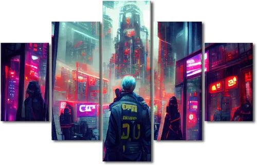 Vista 113 de Póster de 5 paneles en lienzo para decoración de pared, diseño de centro urbano Cyberpunk, impresión moderna, decoración de pared para el hogar