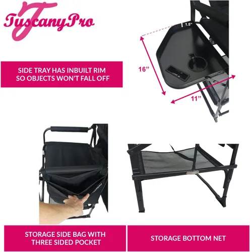 Vista 6 de Silla de directores alta profesional portátil con bandeja lateral, nombre personalizado/logotipo impreso, altura del asiento de 29 pulgadas
