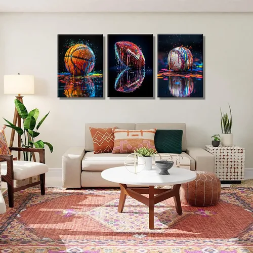 Vista 6 de 3 piezas de arte de pared en lienzo deportivo de graffiti para habitación de niños, rústico, fútbol, béisbol, fútbol americano, rugby, decoración