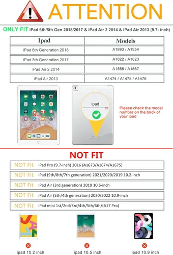 Vista 2 de Vimorco Funda para iPad de 5ª/6ª generación de 9.7 pulgadas 2017/2018, para iPad Air 1/2 2013/2014, soporte para lápiz, 2 soportes de visión