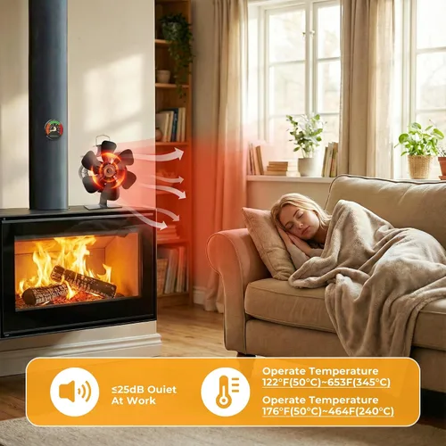 Vista 4 de XTIMES Ventilador de estufa de leña oscilante, ventilador de chimenea con termómetro magnético, ventilador termoeléctrico para estufa