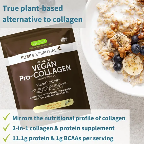 Vista 3 de Igennus - Polvo de proteína de colágeno de vainilla vegana + paquete vegano de complejo de astaxantina, fórmula estimulante de colágeno + 4 mg de H.