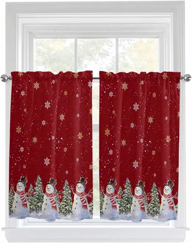 Vista 104 de Cortinas de cocina de Navidad, cenefa semitransparente ajustable con lazo, muñeco de nieve, copo de nieve, bolsillo para barra, tratamiento