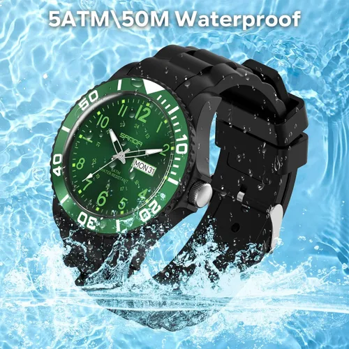 Vista 5 de Relojes para hombre, color verde, impermeable, con fecha, analógico, de cuarzo, con bisel de movilidad, bisel de movilidad, 50M, impermeable, a