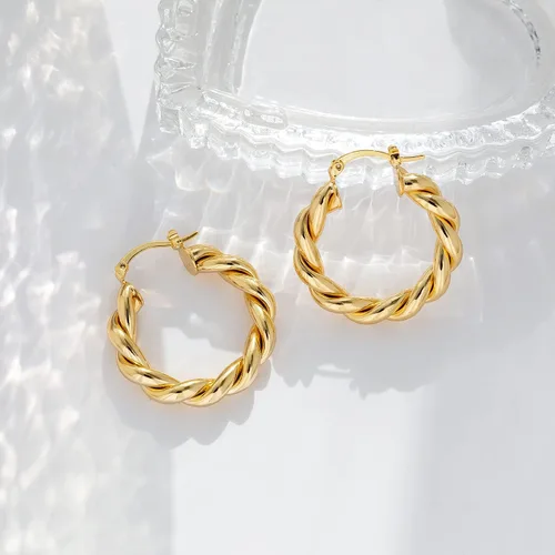 Vista 7 de Aretes de aro de oro trenzado para mujer, gruesos, gruesos, ligeros, hipoalergénicos
