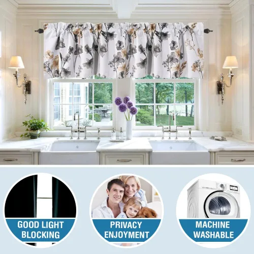 Vista 7 de H.VERSAILTEX cenefas de cortina 100% opacas para ventanas de cocina, juego de 2 paneles, estampado floral Cattleya Leah, cenefas térmicas aisladas