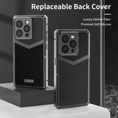 Vista 5 de Funda de fibra de carbono de lujo con funda de aluminio para iPhone 13 Pro de 6.1 pulgadas, funda protectora militar a prueba de golpes