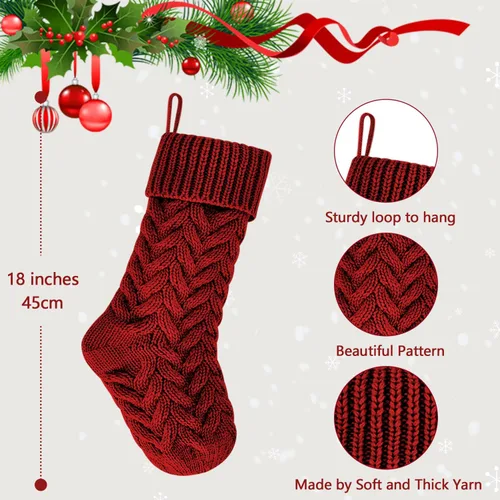 Vista 5 de Paquete de 6, Medias de Navidad de Punto Borgoña Únicas de 18", Estilo 3