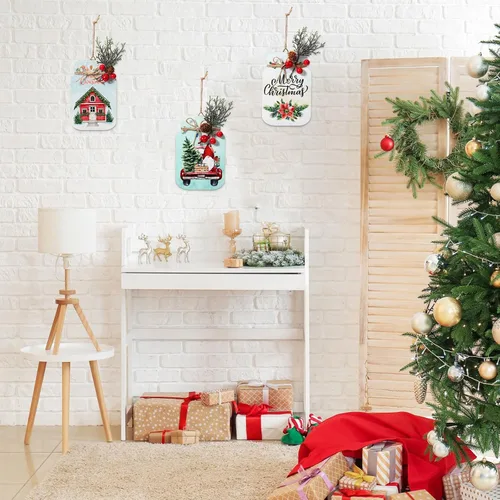 Vista 5 de Barydat 4 piezas de arte de pared de Navidad para colgar, tarro de madera con tallos de bayas rojas para Navidad, dormitorio, sala de estar