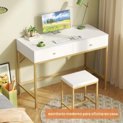 Vista 7 de SUPERJARE Escritorio blanco y dorado de 35.4 pulgadas con 2 cajones, tocador de maquillaje moderno con taburete acolchado, escritorio pequeño