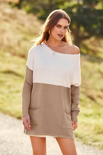 Vista 9 de PRETTYGARDEN - Suéter holgado casual para mujer, suéter de punto con bloques de color, cómodo con hombros descubiertos