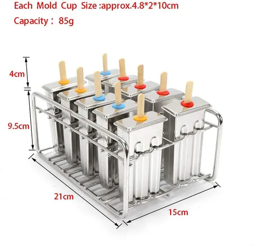 Vista 6 de Molde para paletas de hielo, moldes de acero inoxidable, soporte para palitos de helado (10 unidades)