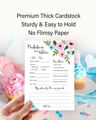 Vista 3 de GENDER REVEAL Tarjetas de predicción y consejos – Paquete de 25 – Juegos de baby shower azules o rosas, nuevos padres, mamá y papá futuros, mensaje