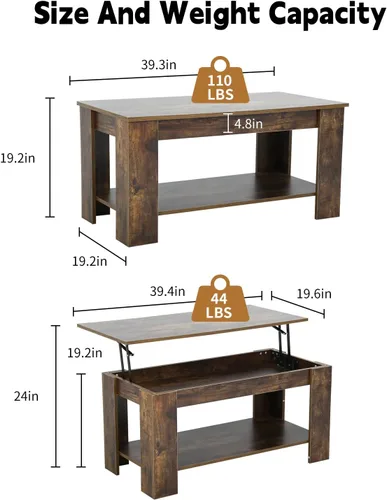 Vista 2 de Mesa de centro elevable con compartimento oculto y almacenamiento, mesas de centro elevables de madera moderna para sala de estar y sala