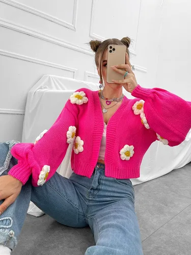 Vista 5 de MakeMeChic Cárdigan corto con apliques florales y manga de linterna para mujer