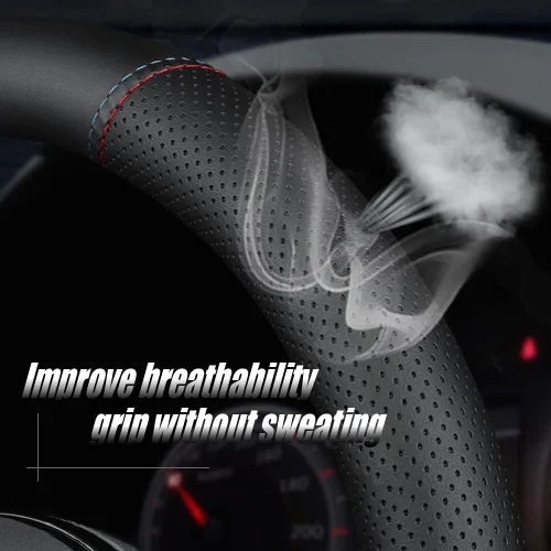Vista 3 de Funda de cuero de napa para volante de automóvil, cómoda, antideslizante, estilo deportivo. Para fundas de volante de automóvil BMW, color negro