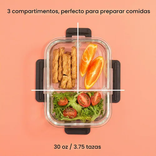 Vista 4 de JoyJolt Juego de caja Bento dividida de 3 compartimentos de vidrio para preparación de comidas, paquete de 5 recipientes herméticos