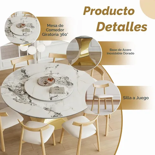 Vista 3 de Juego de mesa de comedor redonda de 9 piezas, moderna mesa de cocina de piedra sinterizada de 59 pulgadas con plato giratorio redondo de 31.5