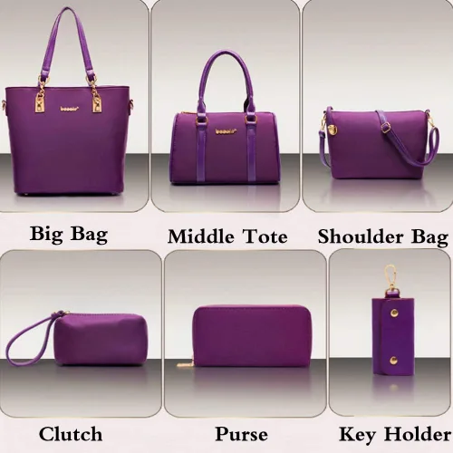 Vista 4 de Juego de 6 bolsas con asa superior de nailon para mujer, incluye bolsa grande, bolsa mediana, bolsa de hombro, cartera, bolsa de mano y llavero