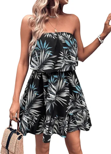 Vista 3 de SOLY HUX Vestido de verano floral para mujer, estilo casual, estampado de hojas tropicales, sin mangas, dobladillo con volantes, mini vestido de tubo